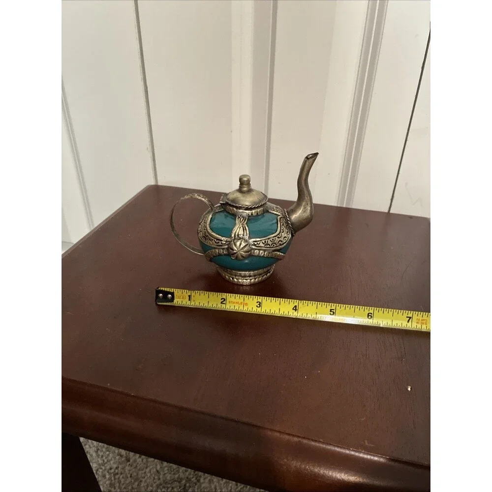 Vintage Moroccan Miniature Teapot Teal Ceramic Silver Metal Filigree Decorative